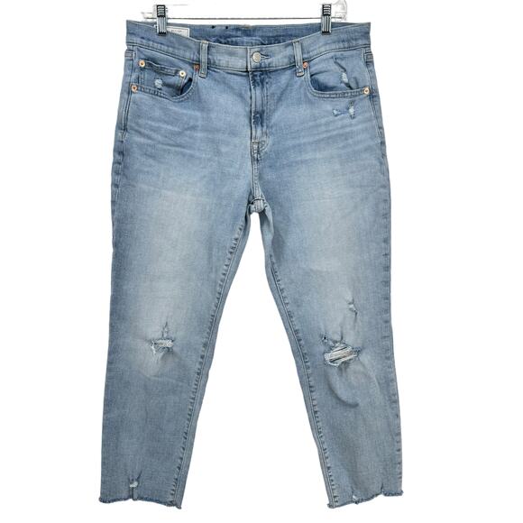 Gap Women's Jeans Girlfriend SZ 12 / 31 Mid Rise Raw Hem Blue Distressed Blue - Picture 2 of 13